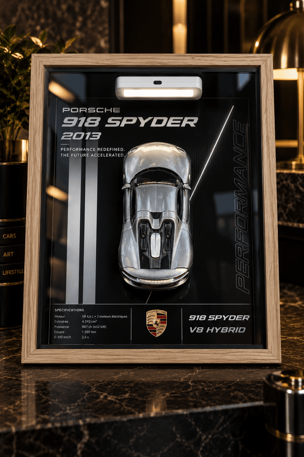 Cadre 3D Porsche 918 Spyder (2015) en relief – format 10 × 15 cm | Dream Frame
