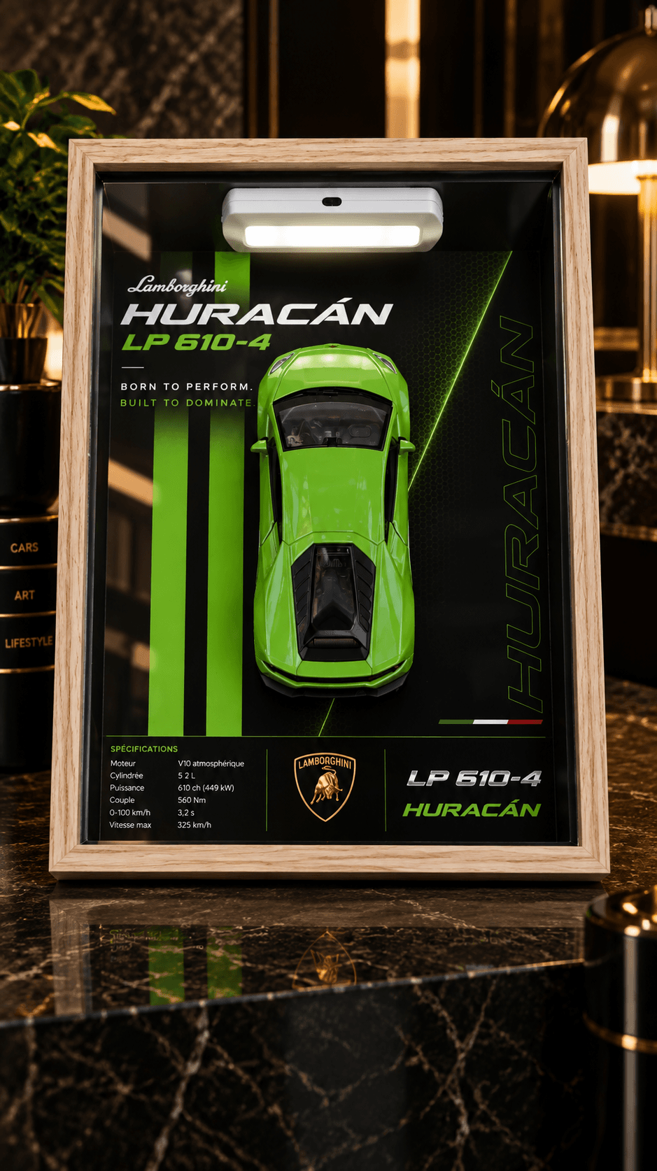 Cadre 3D Lamborghini Huracán LP 610-4 (2021) en relief – format 10 × 15 cm | Dream Frame