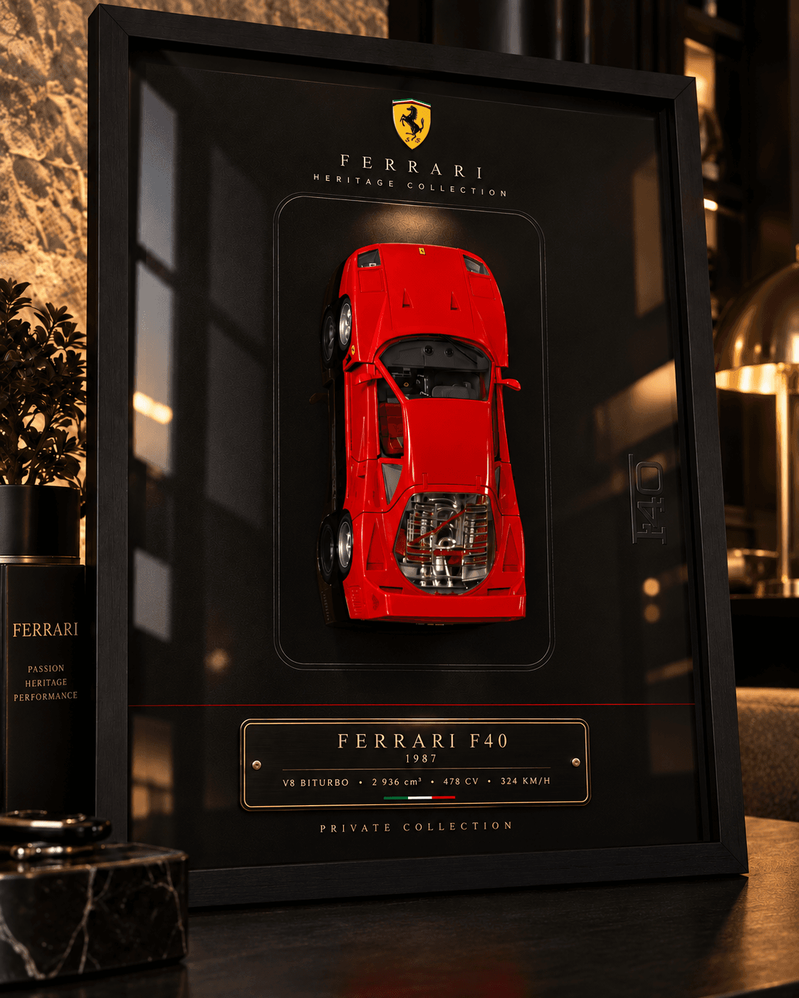 Cadre 3D Ferrari F40 (1987) en relief – format 40 × 50 cm | Dream Frame